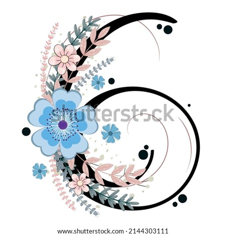 Number 6 (SIX) birthday celebration anniversary. 6 NUMBER with flowers and leaves. Decoration floral Illustration numbers SIX ornaments
