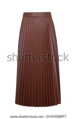 Brown romantic avant-garde eccentric special faux leather vegan leather fashion design pleated one size midi skirt to be on limelight isolated on the white background  Royalty-Free Stock Photo #2144308897