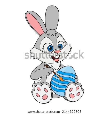 Cute smiling Rabbit holding and painting Easter eggs. Cartoon character Hare. Template of Celebration or Education card. Suitable for decoration and design for kids. Happy Easter. Spring holiday.