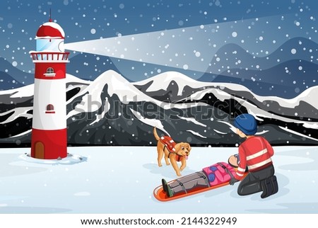 Snow scene with firerman rescue in cartoon style illustration