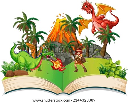 Storybook with knight and dragons illustration