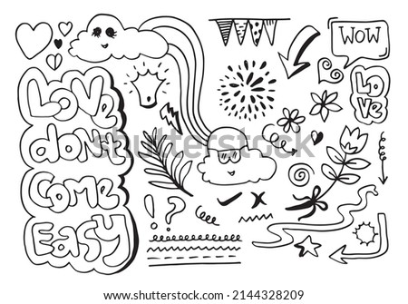 hand drawn set elements, black on white background. hearts, clouds, exclamation marks, question marks, swirls, umbrellas, arrows and wow,love dont come easy text for concept designs.