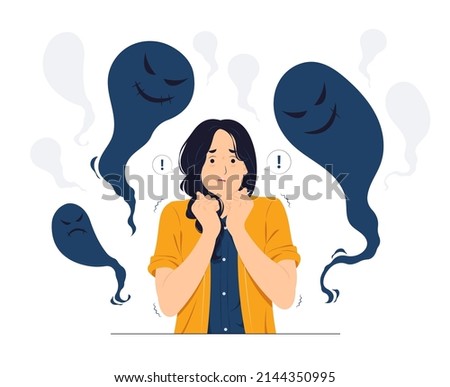 Woman with Schizophrenia, post-traumatic stress mental disorder, shocked, scared, panic, anxiety, frustrated, fear and terrified concept illustration Royalty-Free Stock Photo #2144350995