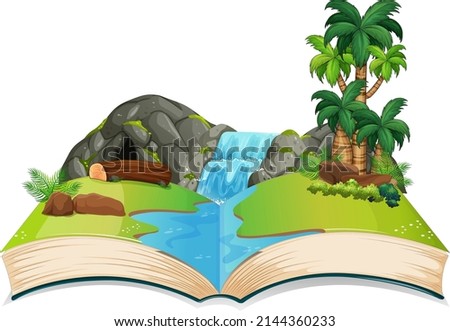 Book with waterfall and trees in the scene illustration