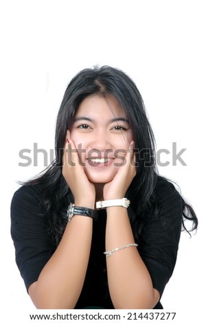 attractive asian teenage girl wearing casual clothes on white background