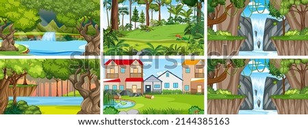 Nature scene with many trees and waterfall illustration