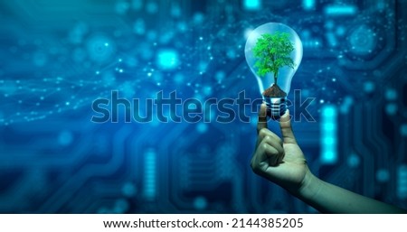 Hand holding Tree growing in light bulb. Ecology and Technology Convergence. Green Computing, Green Technology, Green IT, csr, and IT ethics Concept. Royalty-Free Stock Photo #2144385205