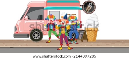 Clowns standing in front of icecream truck illustration