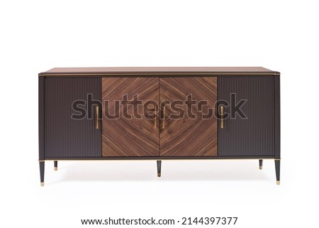 chest of drawers with veneer and painted wood trim in a modern classic style on a white background Royalty-Free Stock Photo #2144397377