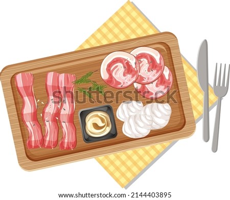 Top view of lunch meat on wooden tray illustration
