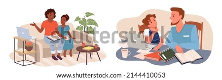 Parents teach kids set, support for children with school homework. Cartoon father and son, mother and daughter study with books or laptop at home flat vector illustration. Education, guidance concept Royalty-Free Stock Photo #2144410053