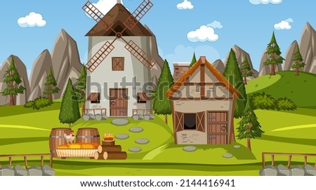 Medieval town scene with villagers illustration