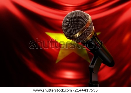 Microphone on the background of the National Flag of Vietnam, realistic 3d illustration. music award, karaoke, radio and recording studio sound equipment