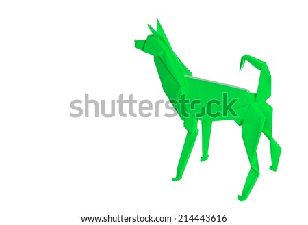 Green Origami Dog isolated on white