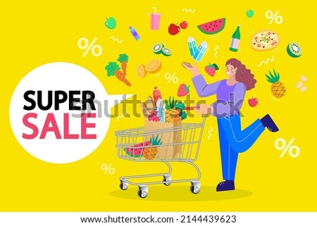Super Discount Deal Concept. Woman with Shopping Cart. Buying Goods on Shop Sale, Purchasing with Discount. Online grocery shopping. Order food online. Buy abstract concept vector illustration. Royalty-Free Stock Photo #2144439623