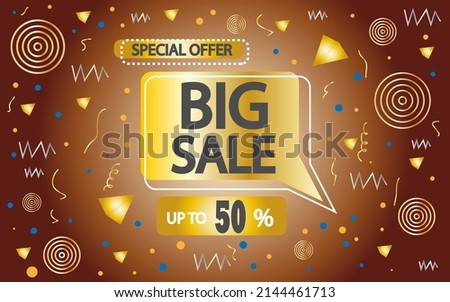 50% off. big sale banner template with objects and gold balloon. poster for stores and sales