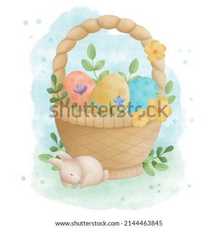 Digital watercolor illustration. Hand drawn. Easter card. The cute baby rabbit sleeping near the basket with Easter eggs and leaves.