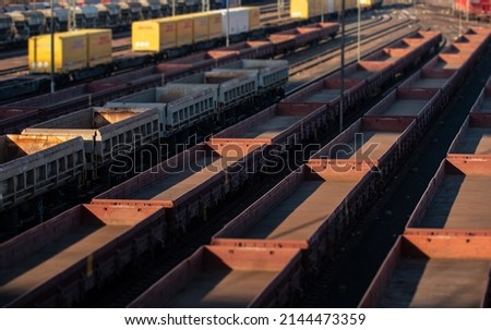Freight station, rails and empty wagons for cargo in Frankfurt am Main. Transportation and logistics of goods.  Royalty-Free Stock Photo #2144473359