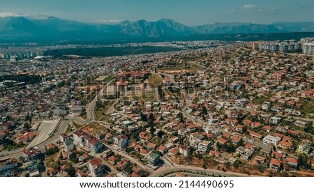 Aerial photograph of Antalya bay in Antalya city from high point of drone fly on sunny day in Turkey. High quality photo.