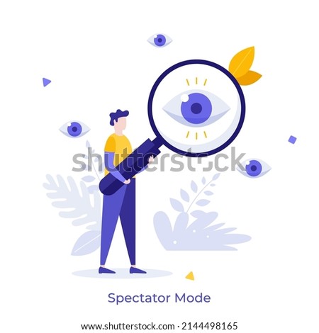 Person looking at eye through magnifying glass. Concept of spectator or observer mode, privacy option, setting to disguise internet presence. Modern flat vector illustration for banner, poster. Royalty-Free Stock Photo #2144498165