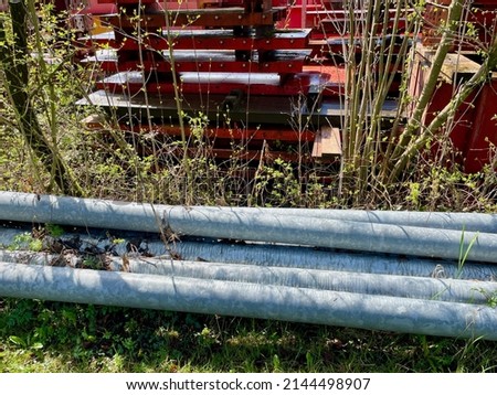 Pile of steel beams in free storage. High quality photo