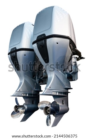 Two outboard motors for a speed boat isolated on white background Royalty-Free Stock Photo #2144506375