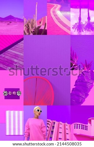 Set of trendy aesthetic photo collages. Minimalistic images of top colors. Purple and pink moodboard
