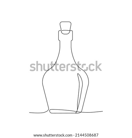Line drawing bottle. Single draw winebottle, line art old vintage bottle, continuous monoline drawing vial, one outline lineart flask logo, linear vector illustration