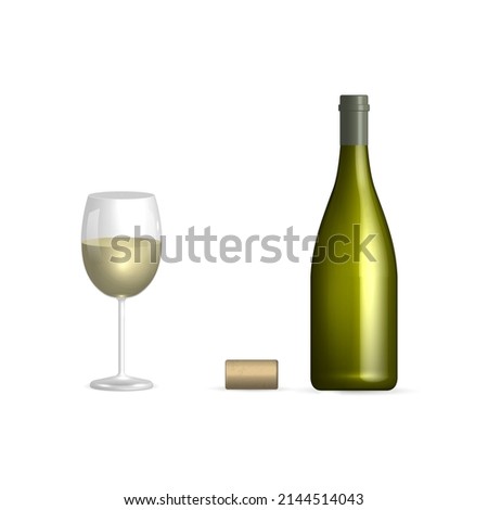 Bottle, glass and cork of white wine. Front view, vector illustration.