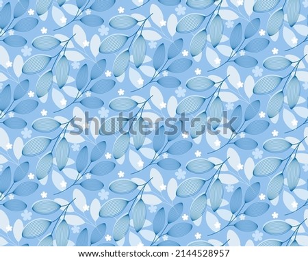 Botanical seamless blue pattern with line art and filled leaves and flower