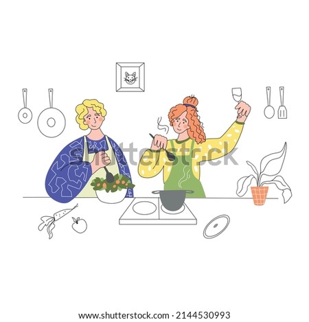 The guy and the girl are cooking together in the kitchen. Cooking for the whole family. Cooks in the kitchen at home preparing soup. Vector illustration in flat minimalistic style. Isolated on white 