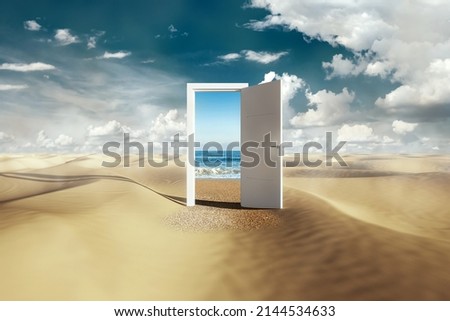 Open door with access to the beach from desert. Travel concept.