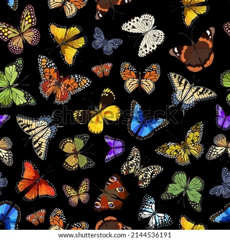 Butterflies on a black background.Seamless vector pattern with colorful butterflies on a black background.