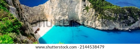 Navagio beach, famous lanscape of Zakinthos island, Greece, toned Royalty-Free Stock Photo #2144538479