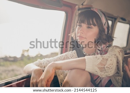 Photo of dreamy lady ride car summer countryside look magnificent landscape wear boho outfit nature seaside outdoors Royalty-Free Stock Photo #2144544125