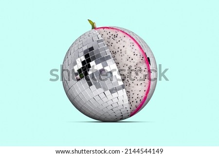 Contemporary art collage closeup image disco ball with papaya fruit filling inside trendy photography glamour poster