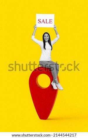 Artwork photo illustration of young lady sit on big gps arrow google maps location announcin gstore opening retro style magazine cover