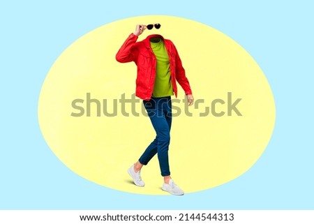 Collage photo image surreal headless male go down town city incognito person trendy clothing on colorful background Royalty-Free Stock Photo #2144544313