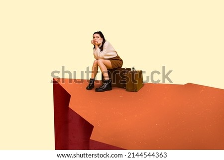 Cartoon style illustration of sad girl got to abandoned railway tracks in desert and missed her train bus transport wait alone afraid night coming Royalty-Free Stock Photo #2144544363