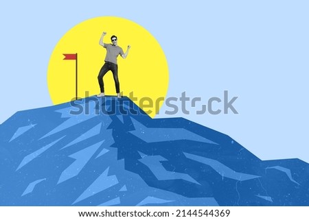 Flat style illustration of man on the mountain peak near flag big yellow sun rise drawing on background guy celebrating winning reached top