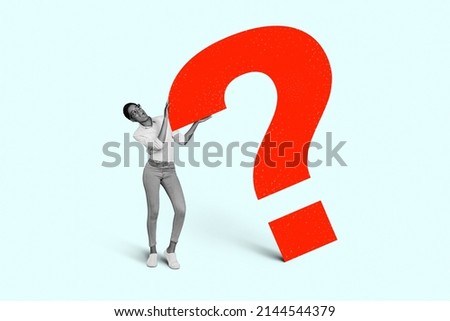 Young business lady male ask assistance cant hold big heavy question mark anymore head full of difficult thoughts ideas concept Royalty-Free Stock Photo #2144544379