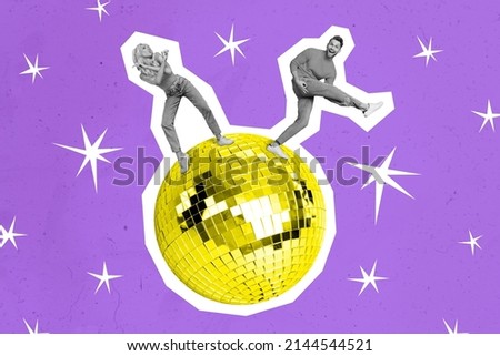 Contemporary artwork picture two young party people dancing on top of big discoball hang out chill advertisement concept isolated sketch fantasy purple background Royalty-Free Stock Photo #2144544521