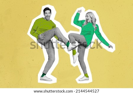 Full length photo collage in old fashion pin up pop art style two funny people man girl dancing crazy excitement nice painted neon sketch pullovers Royalty-Free Stock Photo #2144544527