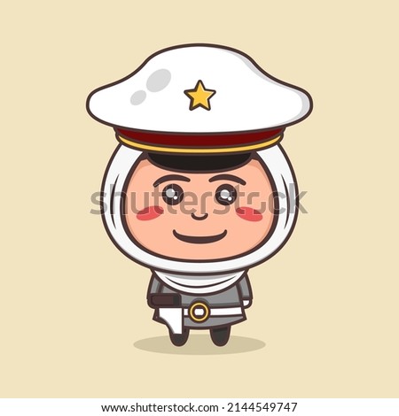 Cute Kid Girl Hijab Cartoon Character with police costume. premium vector on cream background.