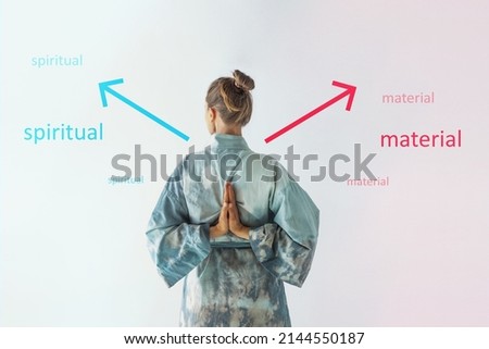 A girl in a kimano and a choice between the spiritual and the material. Soul energy, natural mental health therapy, spiritual life force, calm inner world concept Royalty-Free Stock Photo #2144550187