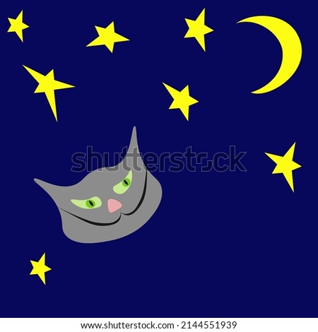 Children card cats head, moon, stars on dark blue background. Handdrawn funny kitty face in night sky. Cartoon paint character head, crescent. Childish nighttime poster, vector flat design eps 10