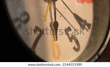 Macro close up shot of clock, watch. Time concept with macro camera. Timepiece, alarm clock classic analog timer Royalty-Free Stock Photo #2144551989