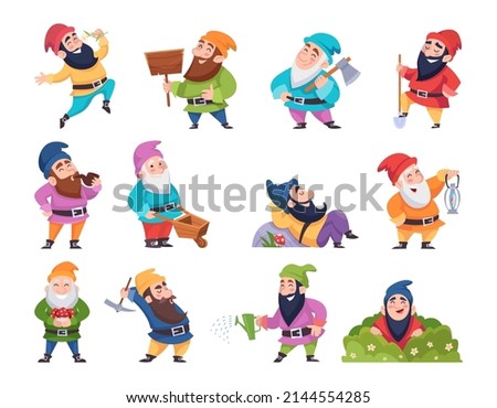 Cartoon dwarf. Mining fantasy gnomes in various poses funny fairytale characters exact vector dwarf illustrations Royalty-Free Stock Photo #2144554285