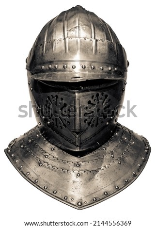 Isolation Of A Medieval Helmet, Visor And Gorget From A Suit Of Armour, On A White Background Royalty-Free Stock Photo #2144556369