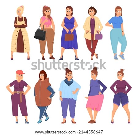 Chubby woman. Happy plump girls, isolated cartoon fashion pretty women. Plus size characters, fat body in diverse casual clothes, decent vector set Royalty-Free Stock Photo #2144558647